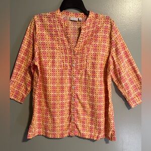 Kim Rogers Pink and Orange Linen Blend Button Up Blouse 3/4 roll tab sleeve L
